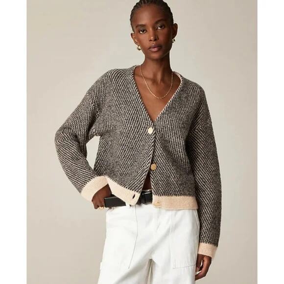 J.Crew Jacquard V-Neck Lady Jacket Cardigan Wool Blend Black/Cream Size Large - Picture 1 of 14